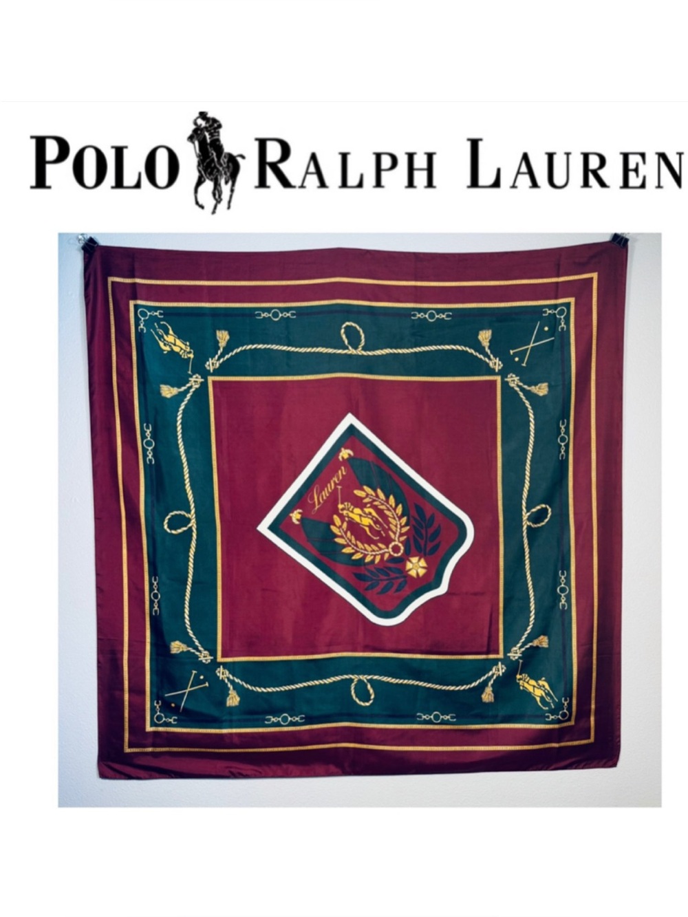 POLO Ralph Lauren LAUREN Uni Crest Equestrian vintage Large Square Scarf
